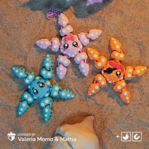 Articulated starfish flexi 3D print in bow, shy, and pirate style variations, custom color options